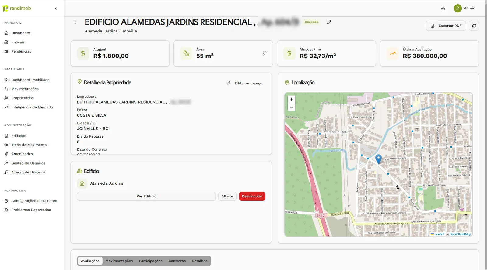 Ficha do imóvel com aluguel, área, aluguel por metro quadrado, avaliação, localização e valorização